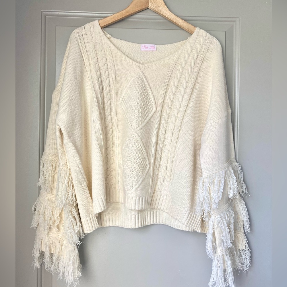 Pink Lily Knit Pullover Ivory/Off-White Fringe Oversize Sweater | Size S